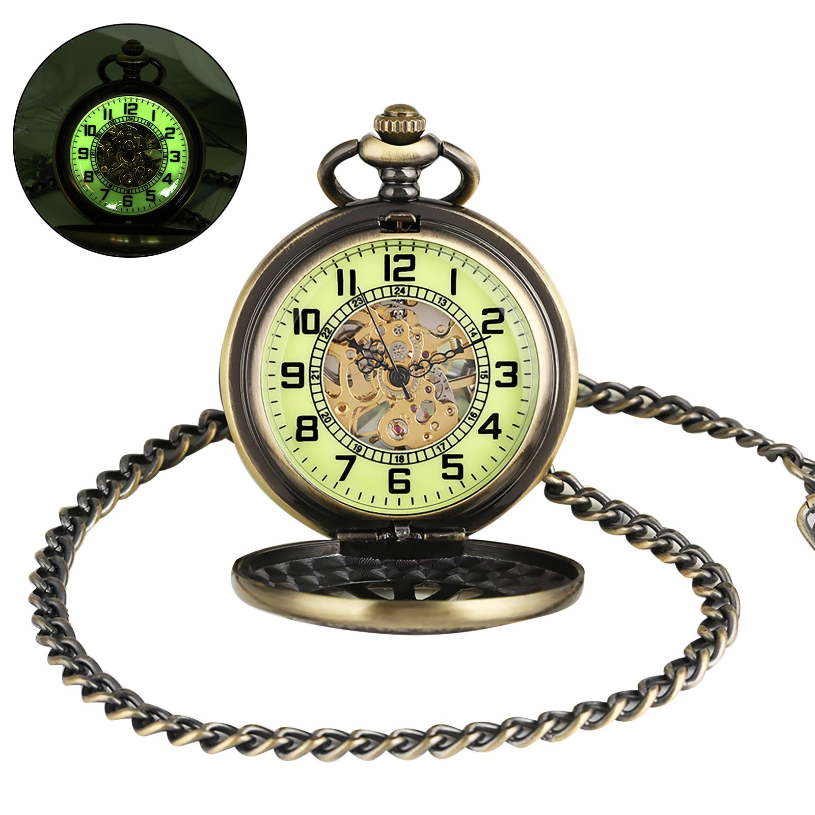 Mens Luxury Vintage Mechanical Black Steampunk Skeleton Pocket Watch with Chain