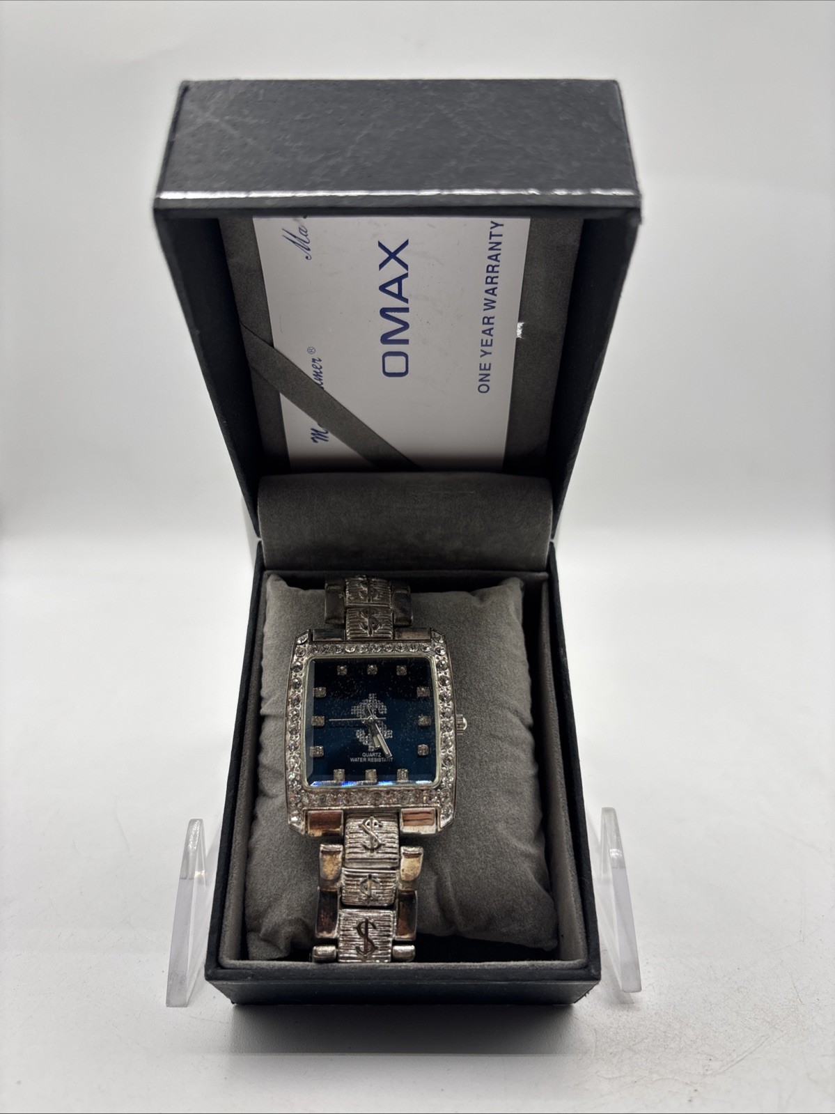MEN’S STONE SILVER FINISH $ SIGN / BLUE DIAL FASHION DRESSY