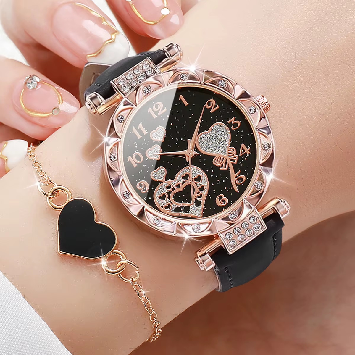 4Pcs/Set Women’S Watches Fashion Rhinestone Ladies Quartz Watch Leather Band Wri