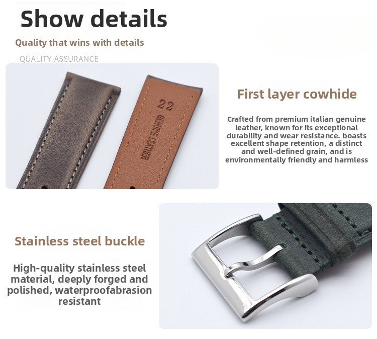 Men’s Pin Buckle Watch Strap Plain Oily Waxed Genuine Leather Wrist Band 18-24mm