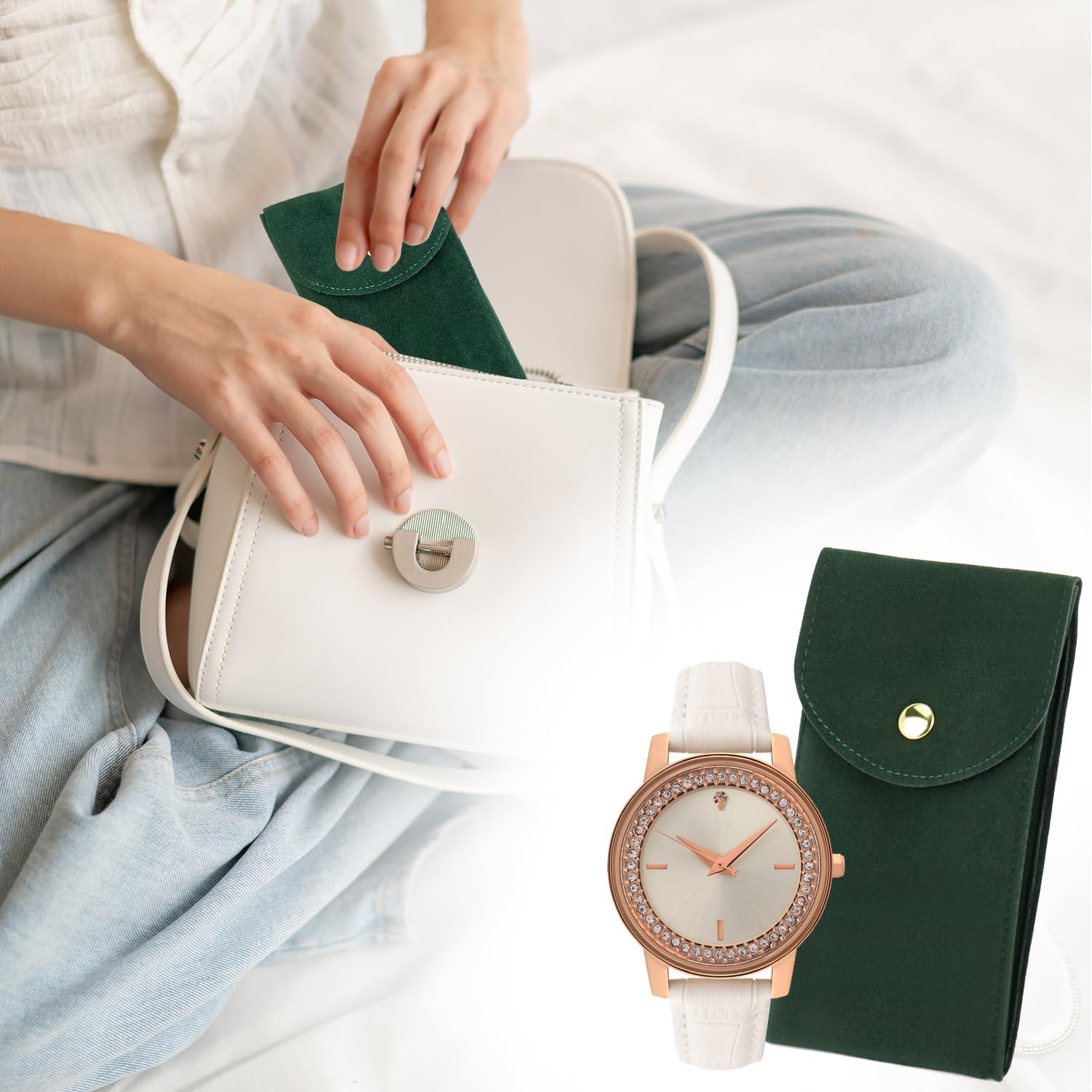QWORK Luxury Velvet Watch Travel Case with Copper Buckle, Green, 13×7Cm, Portabl