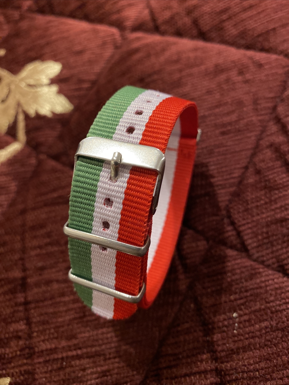 20mm Nylon Watch Strap, Stripes Of Red, White, Green As Shown In Photos