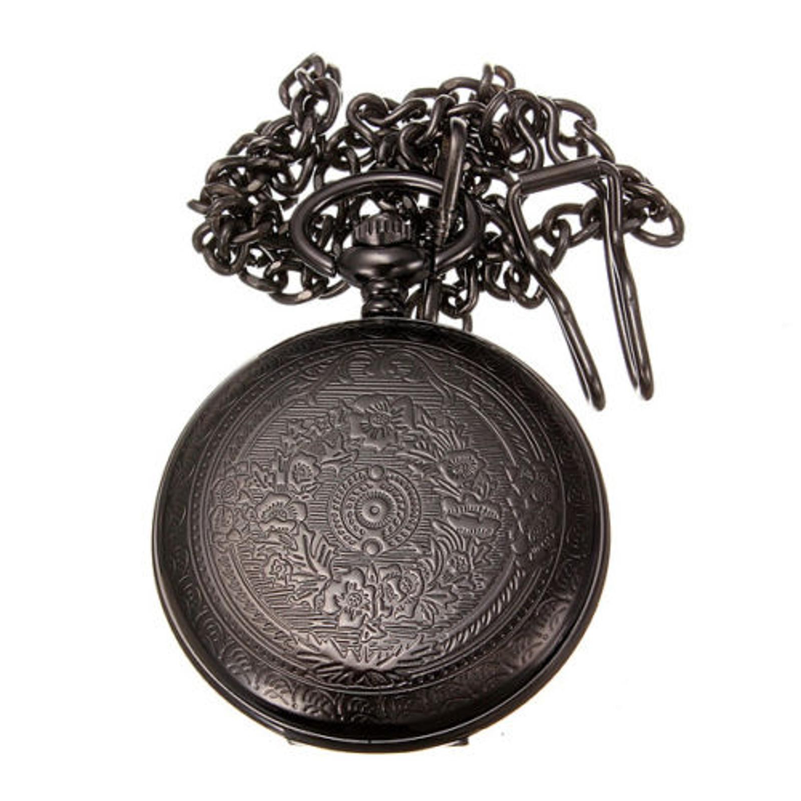 Vintage Retro Steampunk Pocket Watch Black Quartz Pendant Necklace Chain Gift H