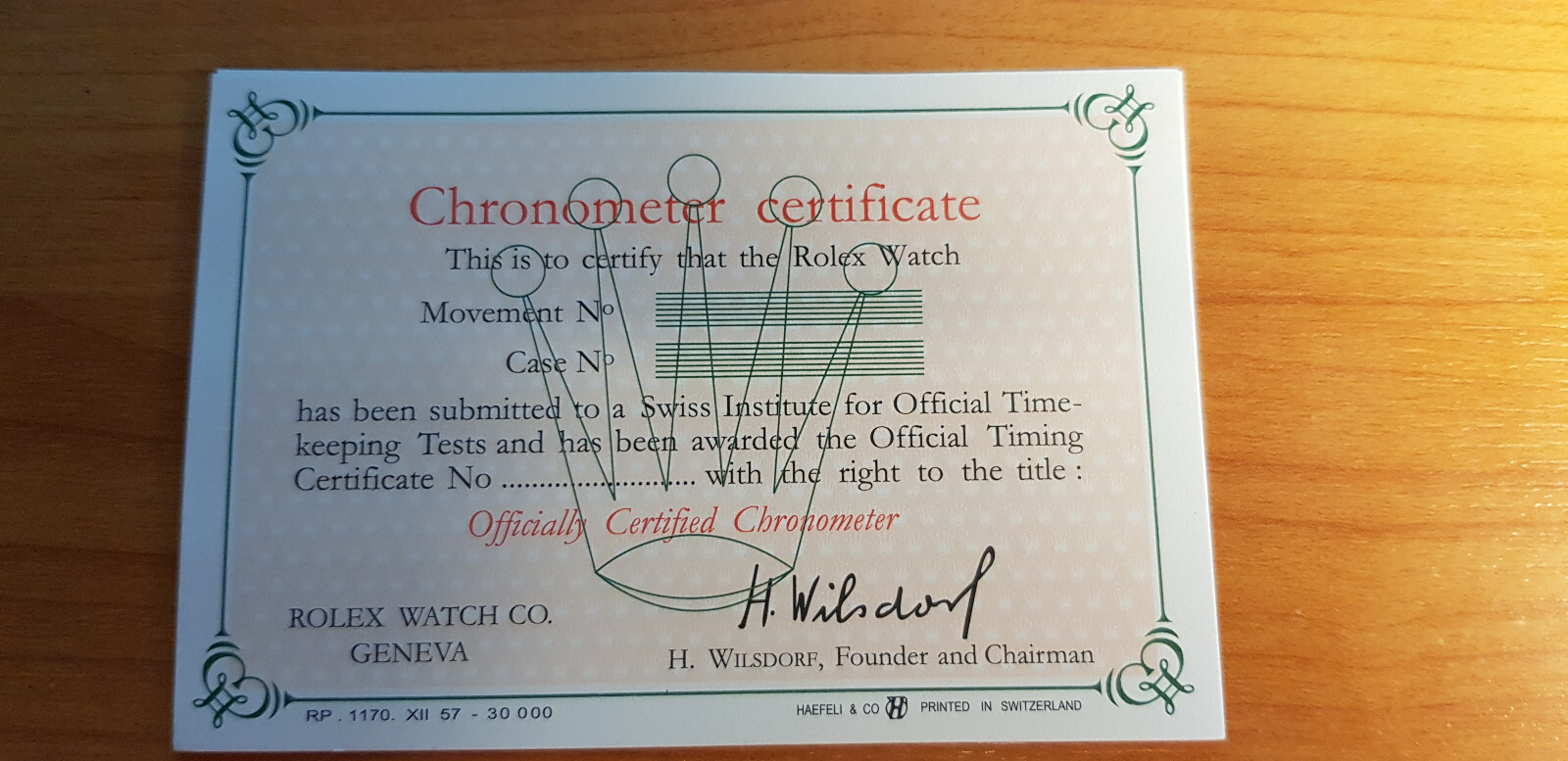 Rolex Chronometer certificate english from 1957 Ref; RP. 1170.XII.57.30000