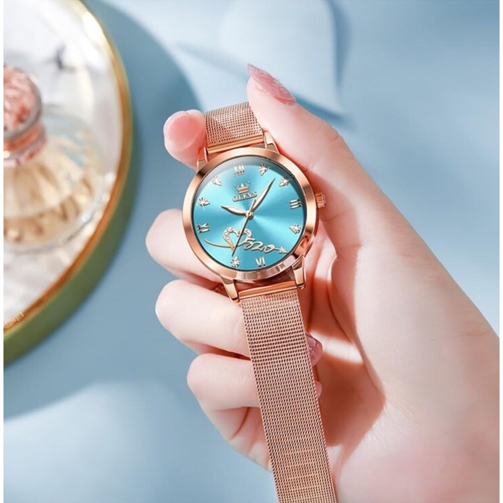 Rose Gold Watch for Women Mesh Strap Fashion Dress Hearts Japanese Quartz Blue