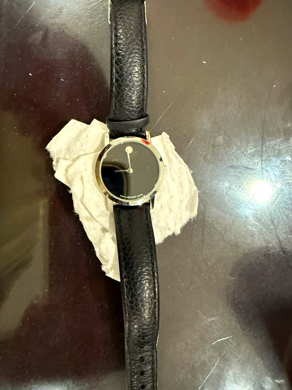 Movado Museum Swiss Made Quartz Sapphire Black Dial Silver Case Leather Strap