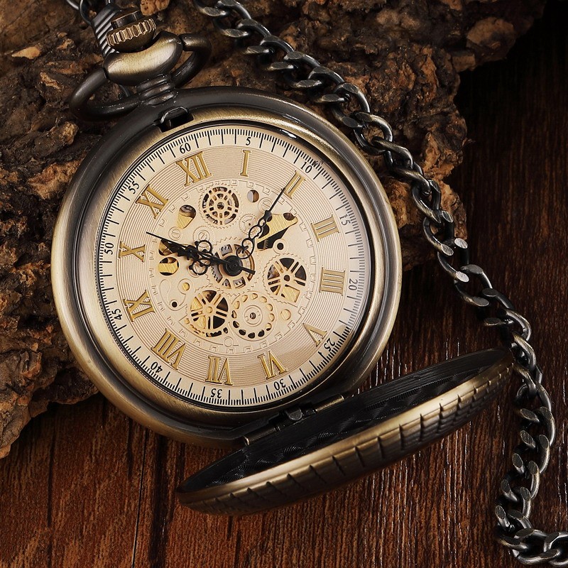 Vintage Retro Mechanical Pocket Watch with Chain Hand-winding Skeleton Steampunk