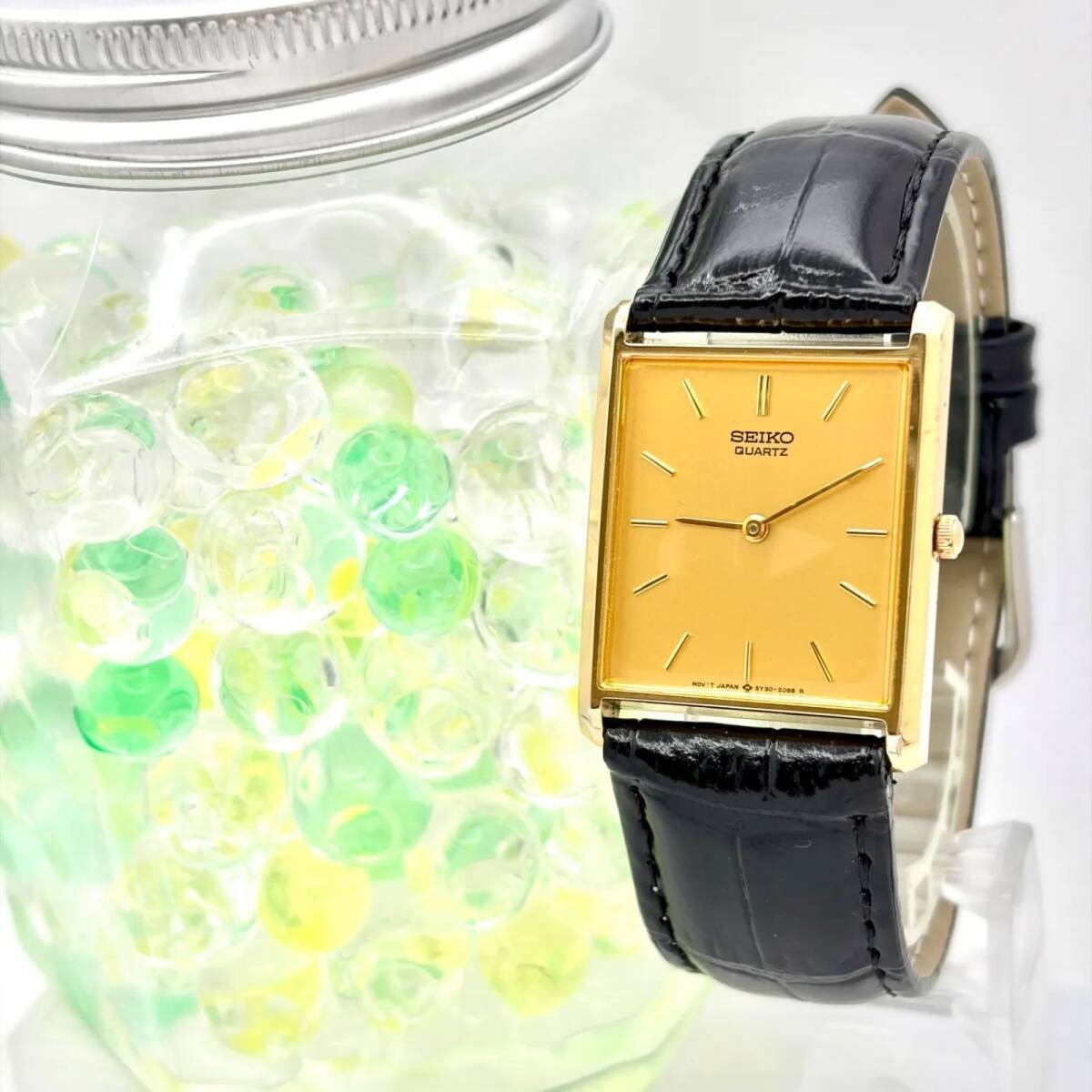 New Battery SEIKO Men s Wristwatch Gold Rectangular 5Y30 5069 7N3832 New Strap