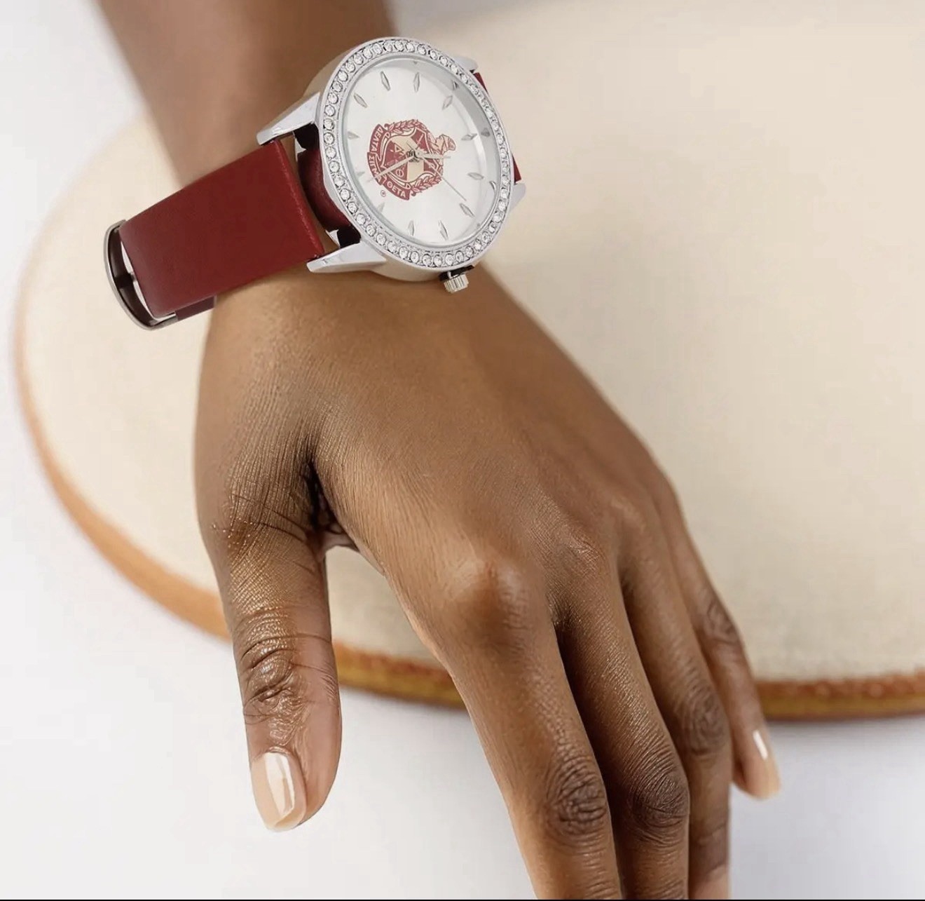 Delta Sigma Theta Women’s Quartz Analog Watch Red Leather Strap Crystal Bezel