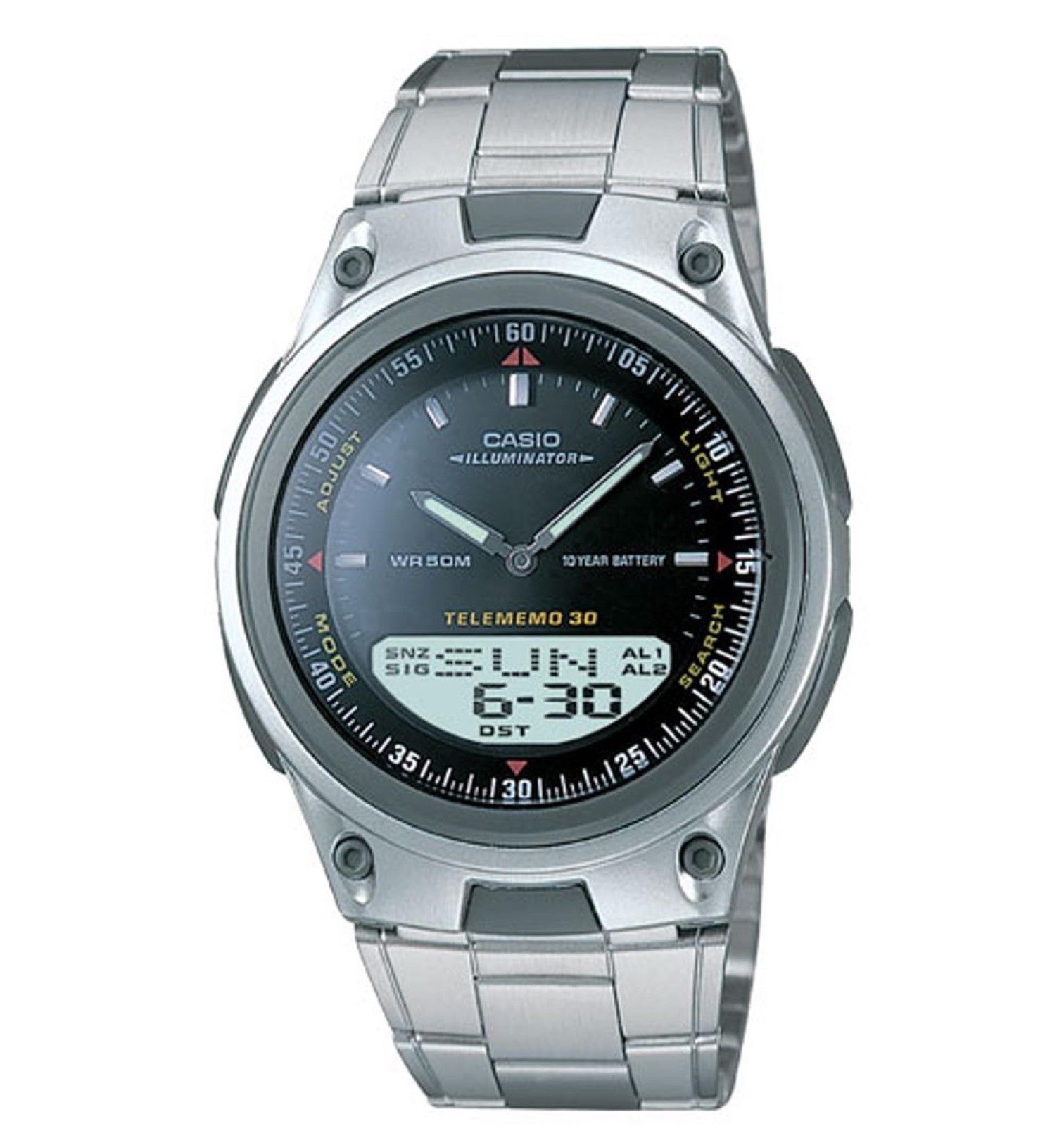 Casio AW80D-1AV, Combo Watch, Telememo 30, Metal Band, 3 Alarms, 10 Year Battery