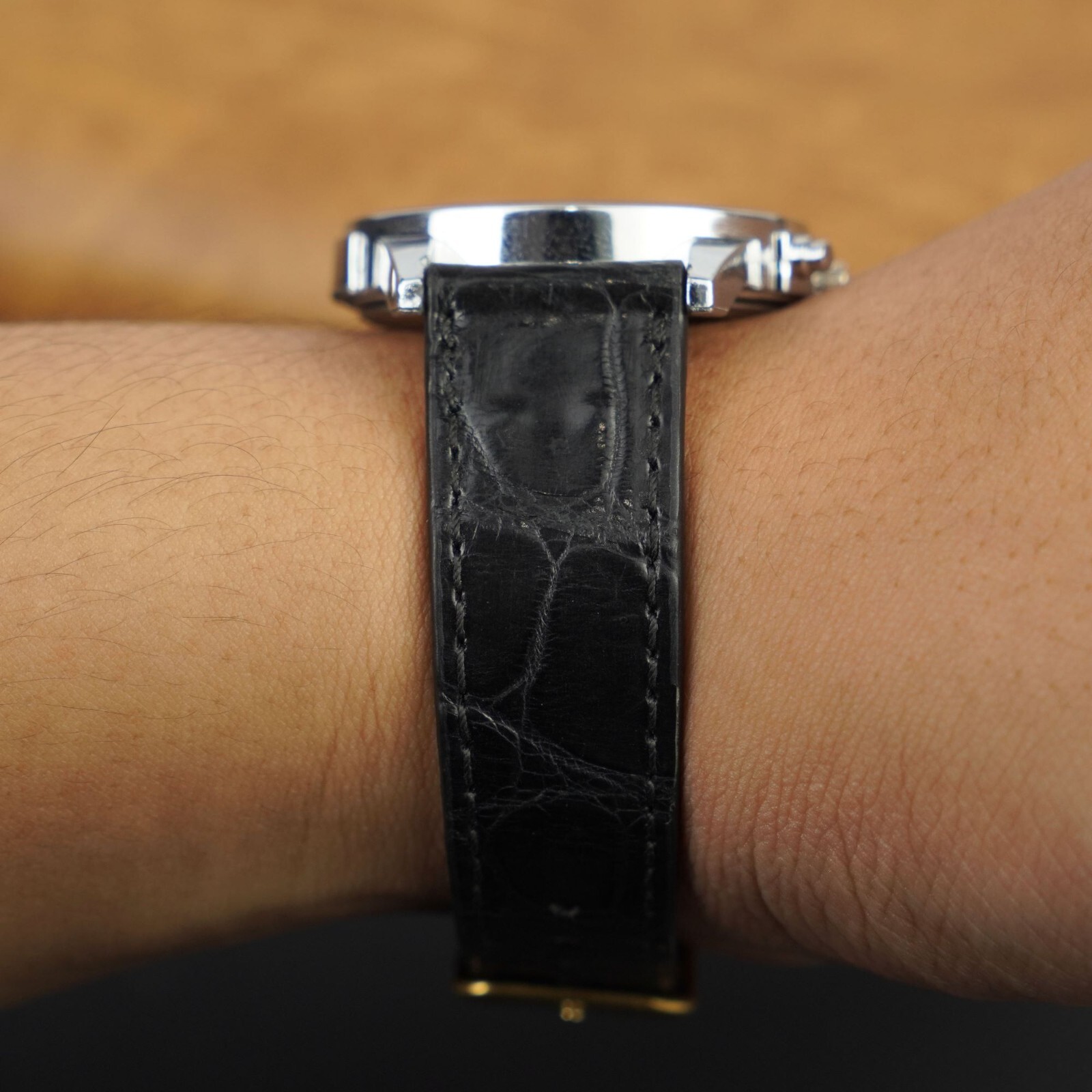 22mm Black Flat Leather Watch Band Genuine Crocodile Watch Strap Gold Buckle