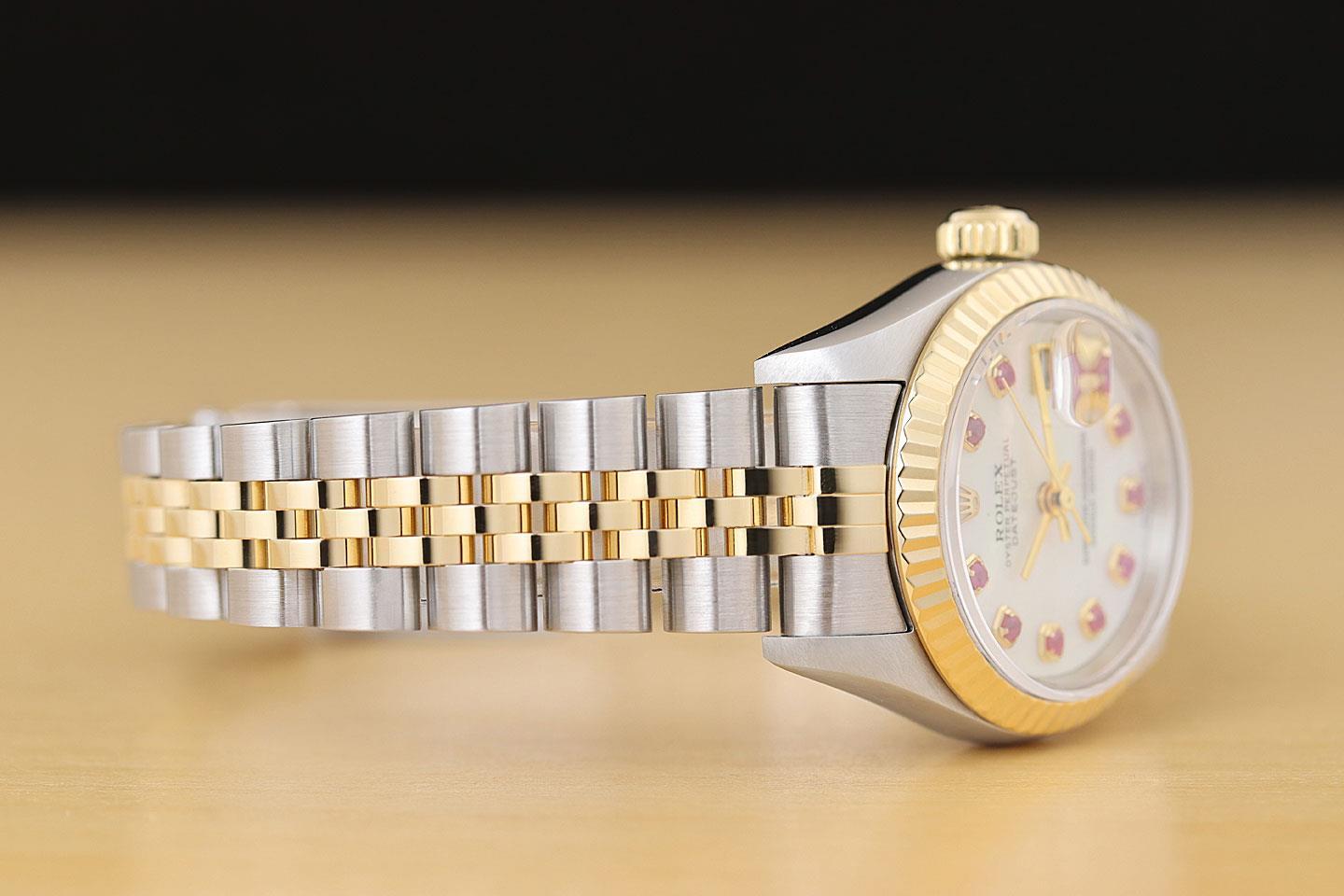 ROLEX LADIES DATEJUST 79173 MOTHER OF PEARL RUBY DIAL 18K GOLD SS TWO TONE WATCH