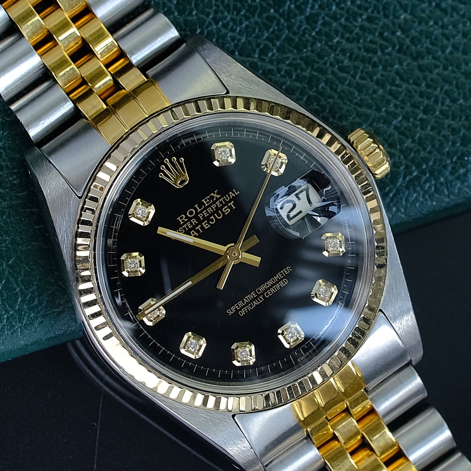ROLEX MENS DATEJUST TWO-TONE BLACK DIAMOND DIAL JUBILEE 36MM WATCH 1601