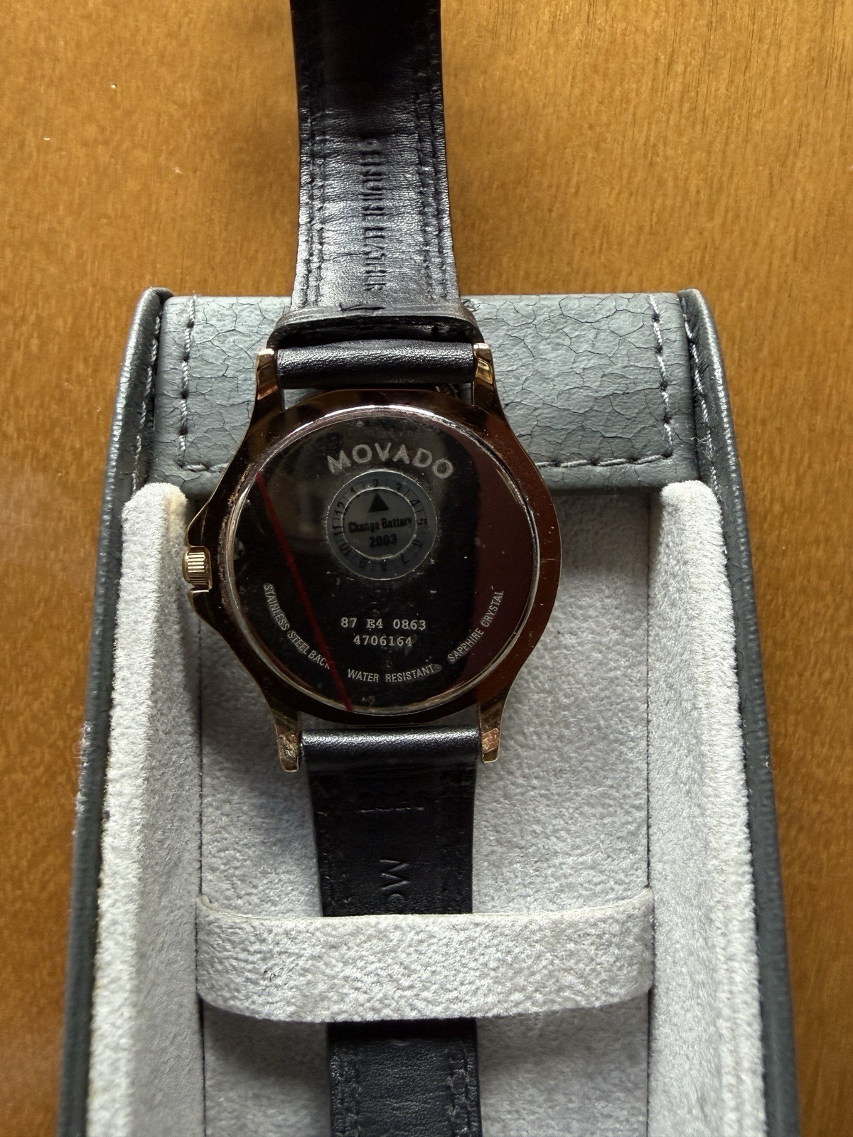 Movado Museum Swiss Quartz Watch Black Dial Gold Case Black Leather 23mm Box