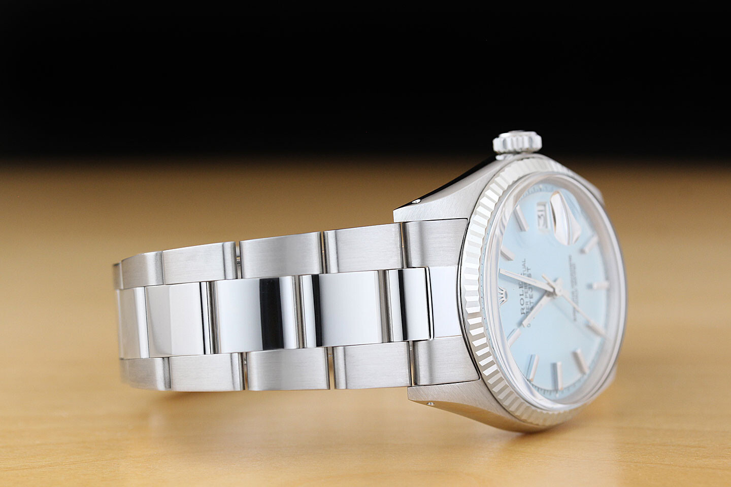 ROLEX MENS DATEJUST ICE BLUE DIAL 18K WHITE GOLD STEEL WATCH w/ OYSTER BAND