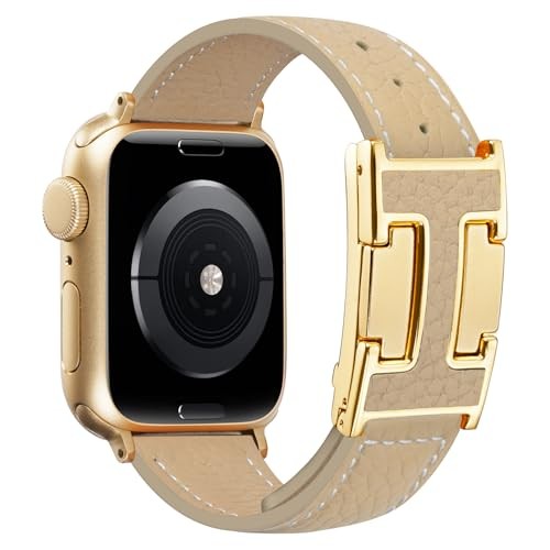 Leather Magnetic Band Compatible with Apple 38/40/41/42mm Beige+Gold Buckle