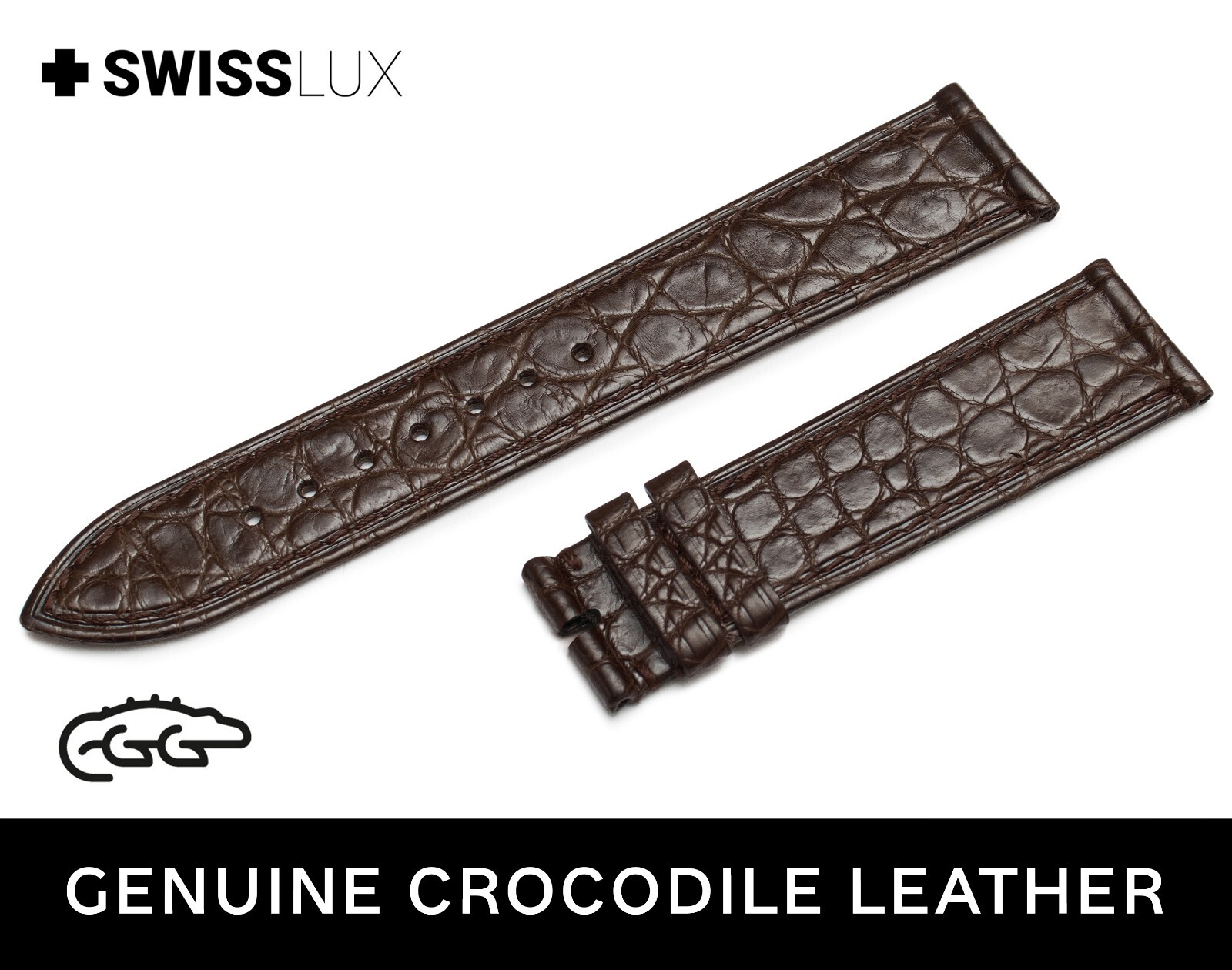 Crocodile Alligator Leather For GLASHUTTE Watch Dark Brown Strap Band Clasp SQ