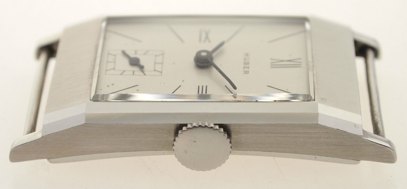 ART DECO STAHL HERRENUHR VOM MÜNCHENER JUWELIER HUBER – NEW OLD STOCK – ca. 1935
