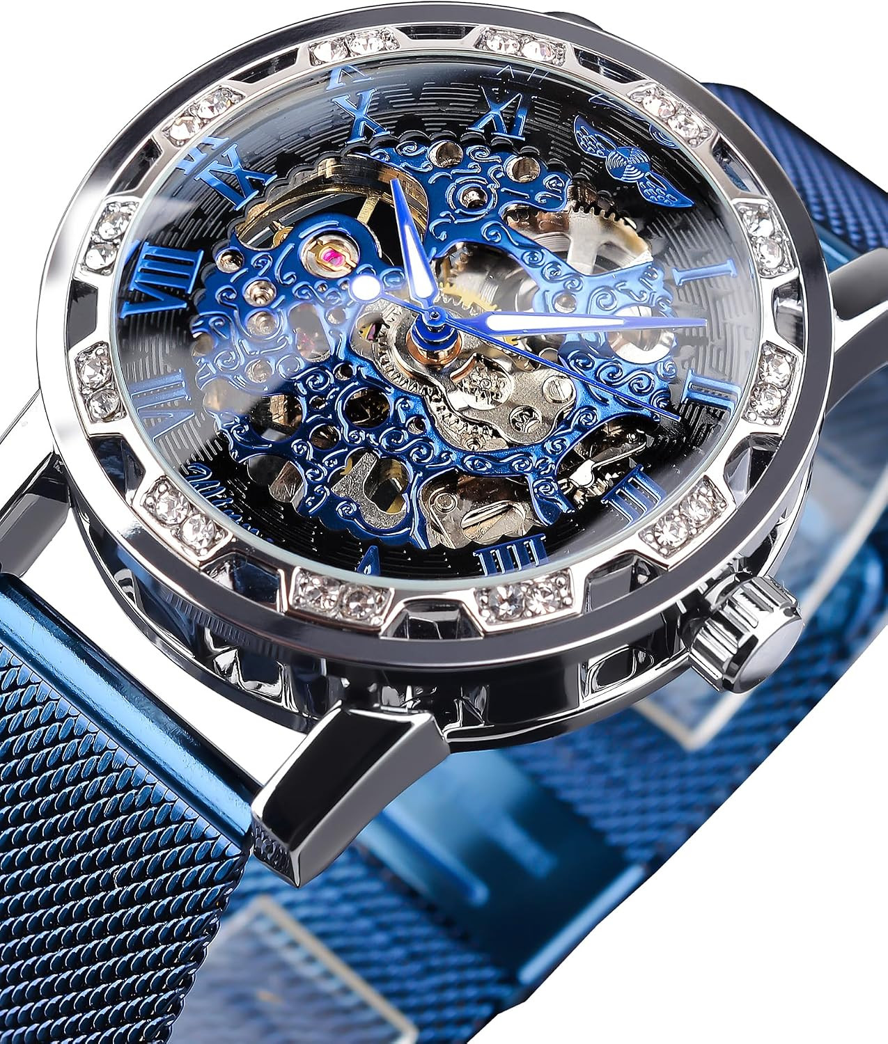 Winner Retro Manual Mechanical Skeleton Watch with Diamond and Carving Flower