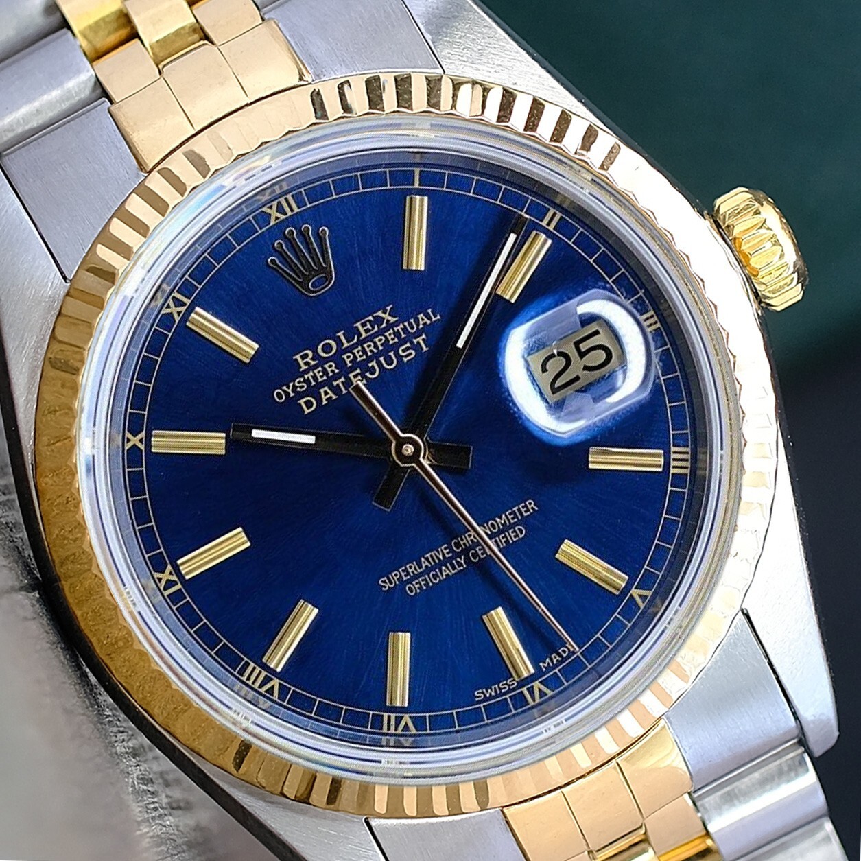 ROLEX MENS DATEJUST 18K YELLO GOLD STAINLESS STEEL BLUE INDEX DIAL 36MM WATCH