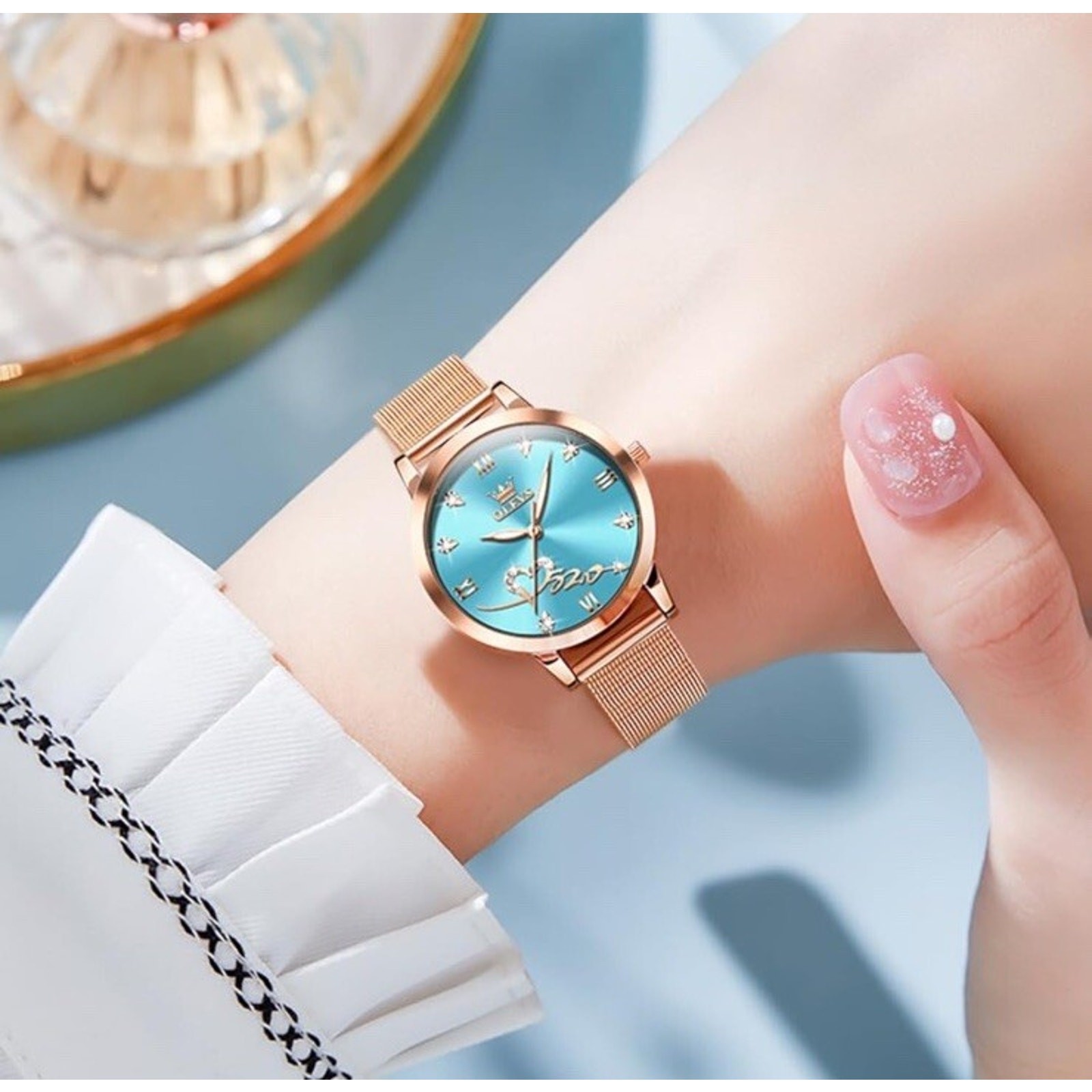 Rose Gold Watch for Women Mesh Strap Fashion Dress Hearts Japanese Quartz Blue