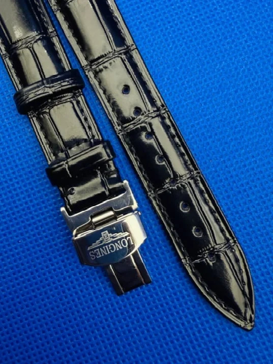 18mm Longines Black Leather Watch Strap With Deployment