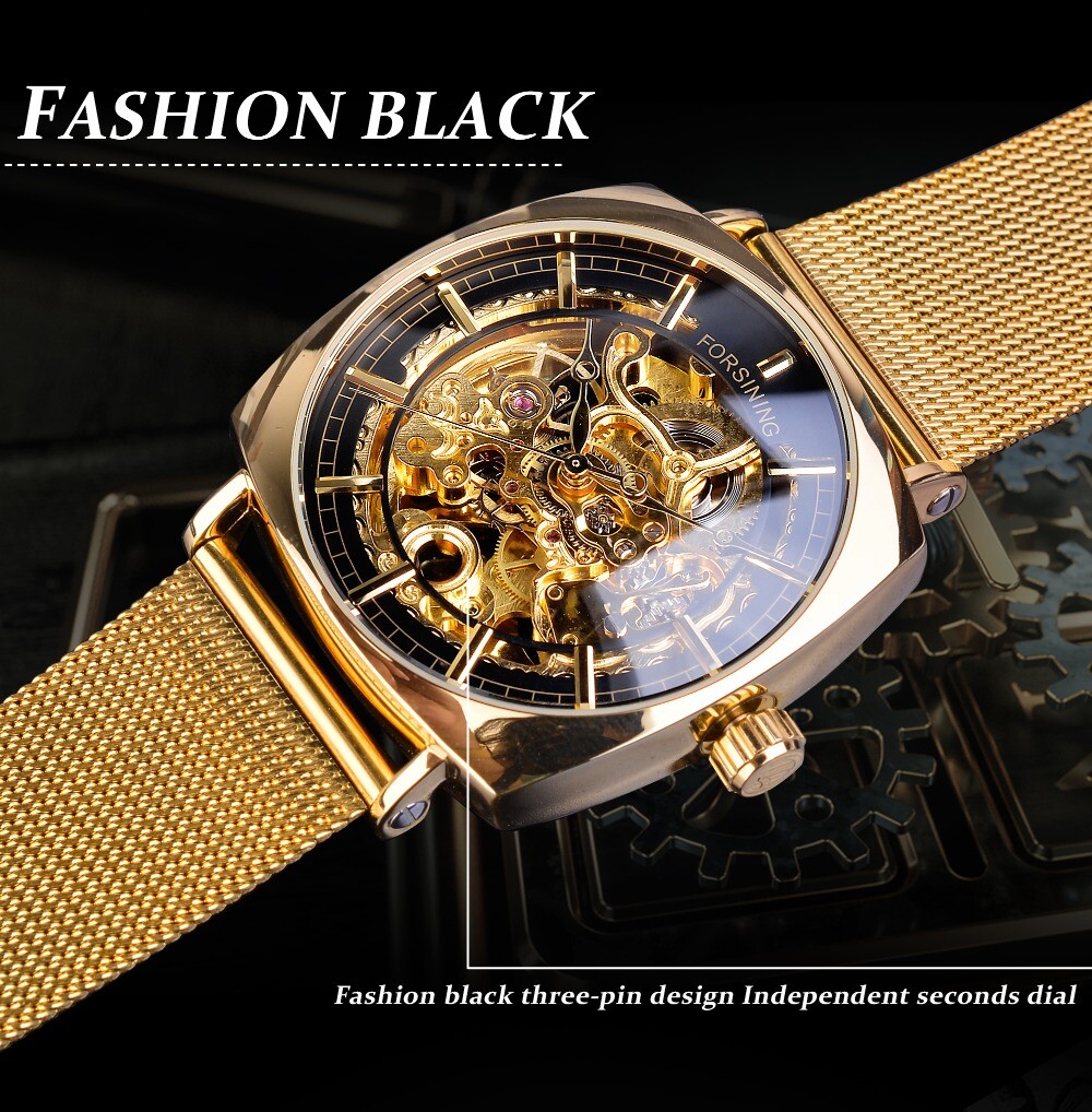 FORSINING Luxury Mens Stainless Steel Hollow Skeleton Automatic Mechanical Watch