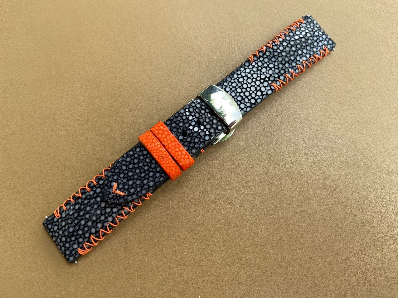 Size 22mm/20mm, Handmade Black Stingray Leather Watch Strap Band, Custom Strap