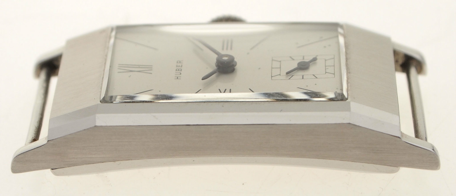 ART DECO STAHL HERRENUHR VOM MÜNCHENER JUWELIER HUBER – NEW OLD STOCK – ca. 1935