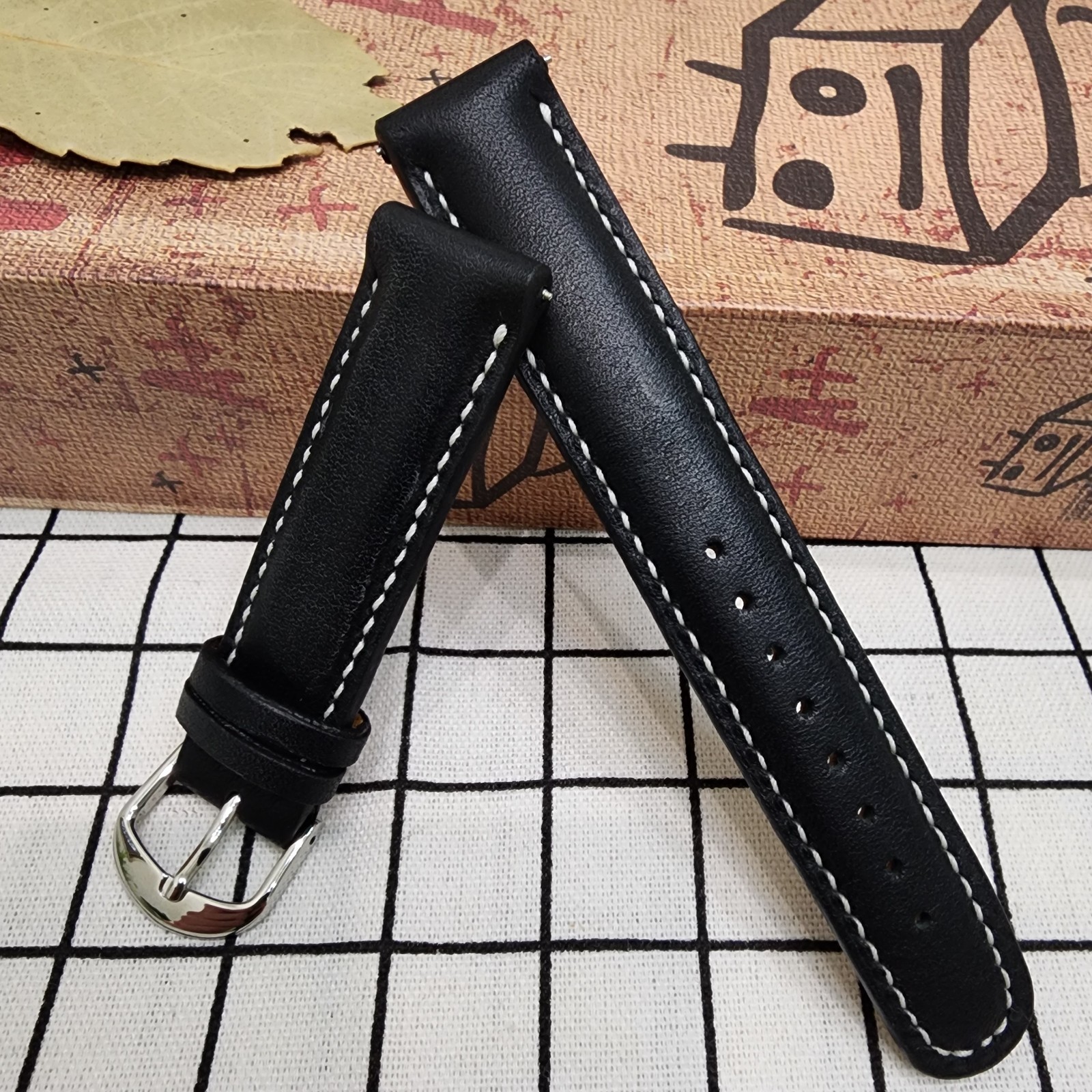 20mm Handmade Genuine Cowhide Leather Watch Strap Black 20-18 Workshop Special
