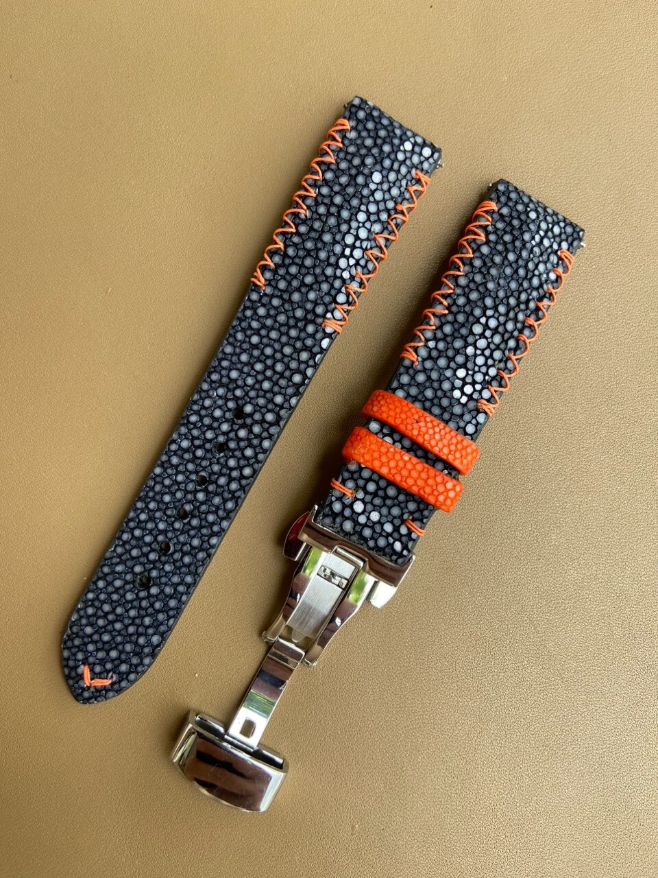 Size 22mm/20mm, Handmade Black Stingray Leather Watch Strap Band, Custom Strap
