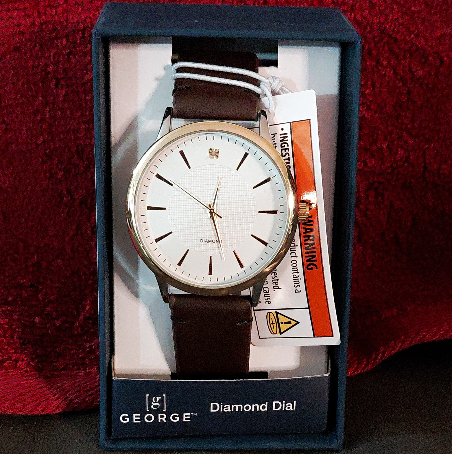 George Men’s Quartz Analog Watch White Diamond Dial Gold Case Brown Leather Box