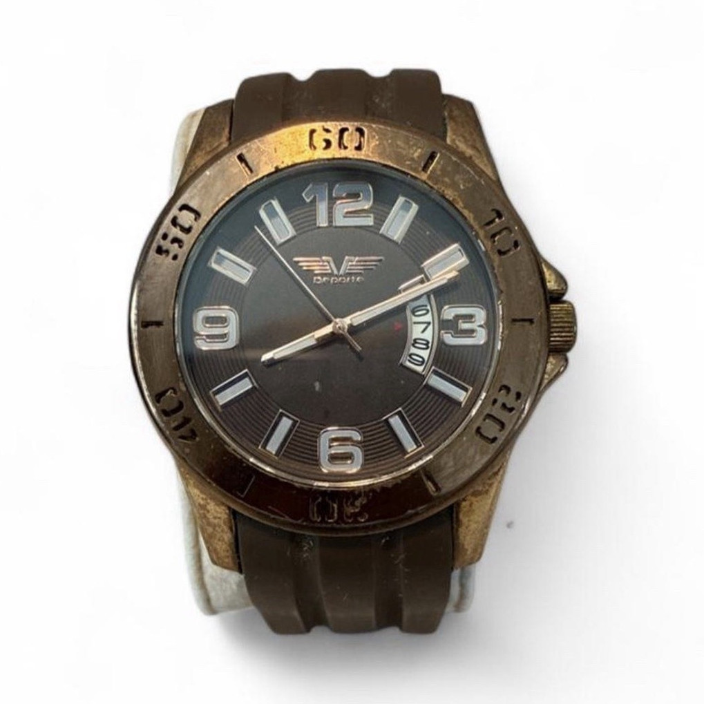 Deporte Mens Analog Quartz Watch Brown Dial Bronze-Tone Case Date Silicone
