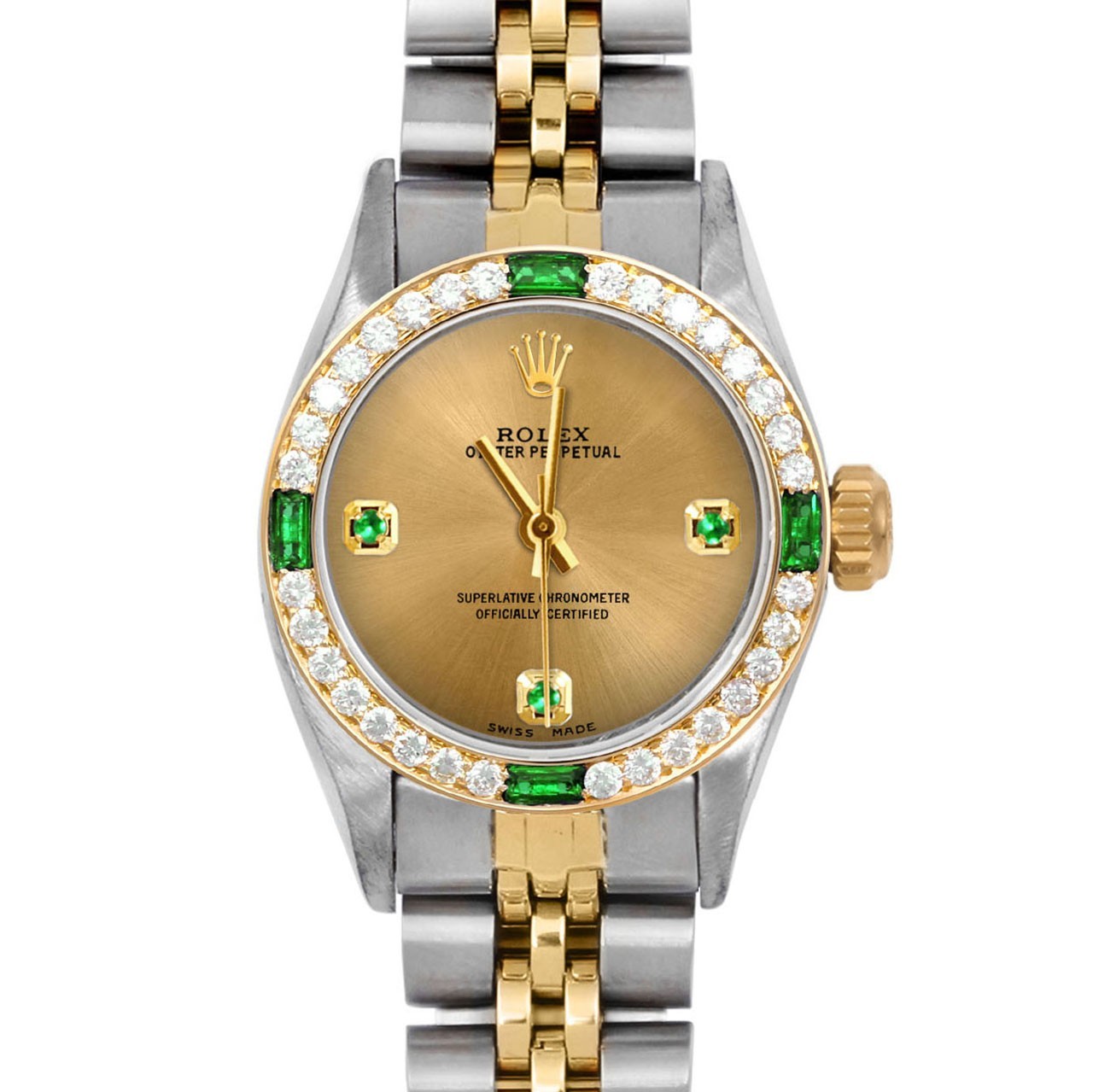 Rolex Lady Oyster Perpetual Champagne Emerald Dial Emerald Diamond Bezel Jubilee