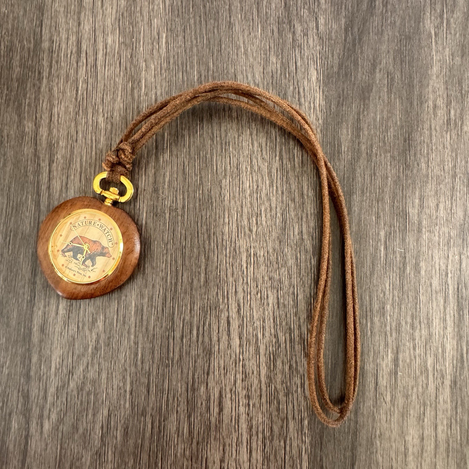 Vintage Nature Watch Bear Wooden Pocket Watch Works New Battery Rustic Wildlife