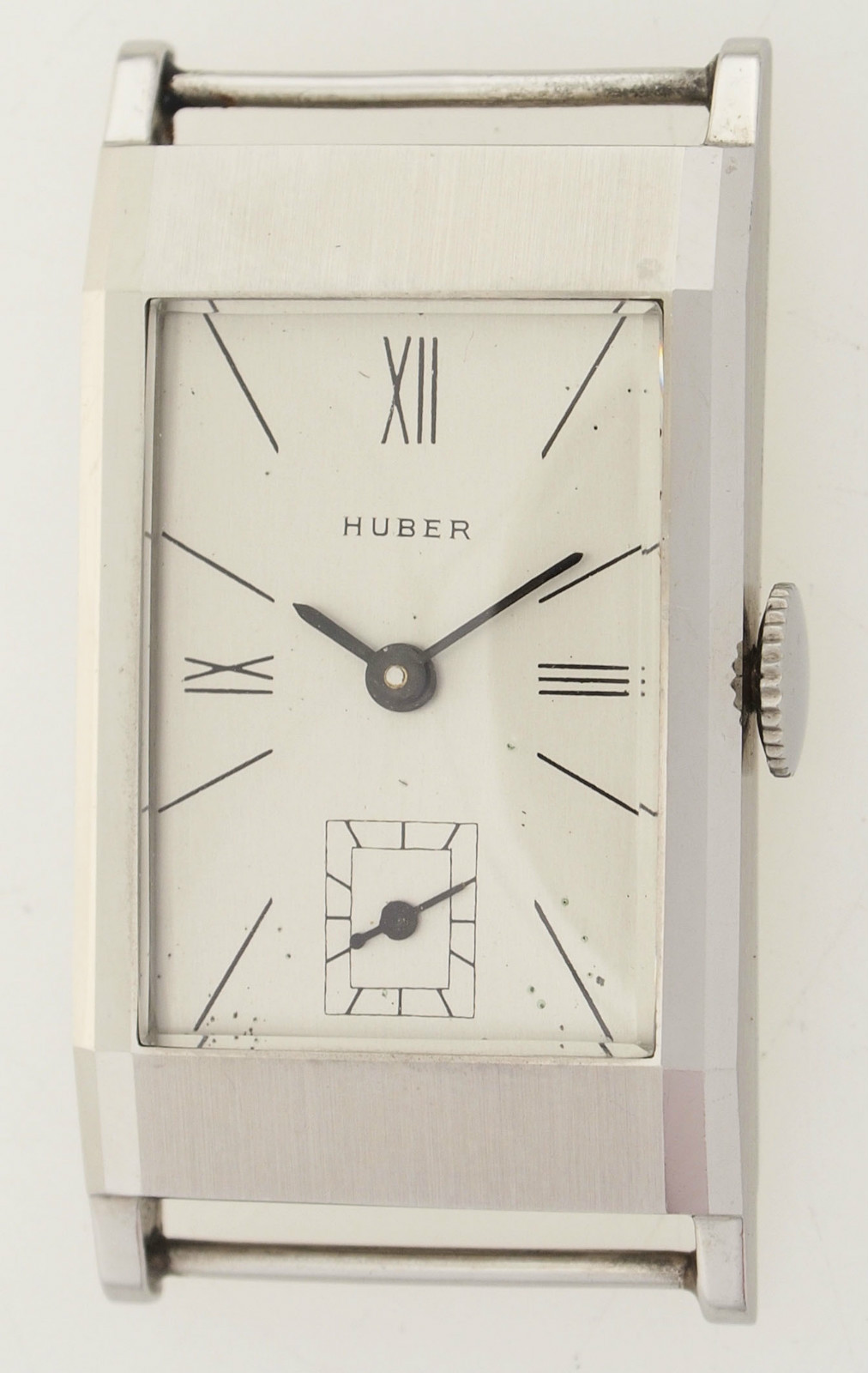 ART DECO STAHL HERRENUHR VOM MÜNCHENER JUWELIER HUBER – NEW OLD STOCK – ca. 1935