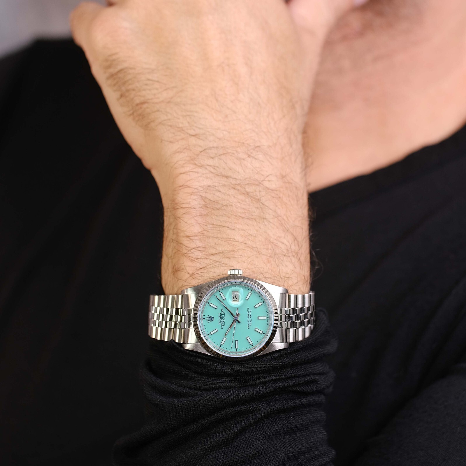 Rolex Datejust Blue Index Dial 18KW Fluted Jubilee Watch Original Box & Paper