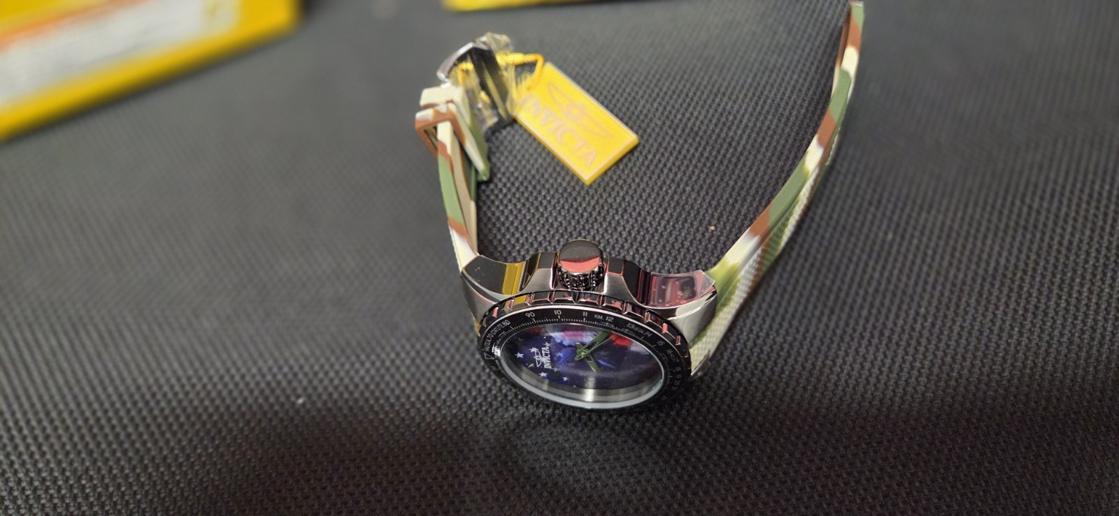 Invicta Aviator 48956 Men’s 50mm Gunmetal Watch Red White Blue Dial Camo Strap N