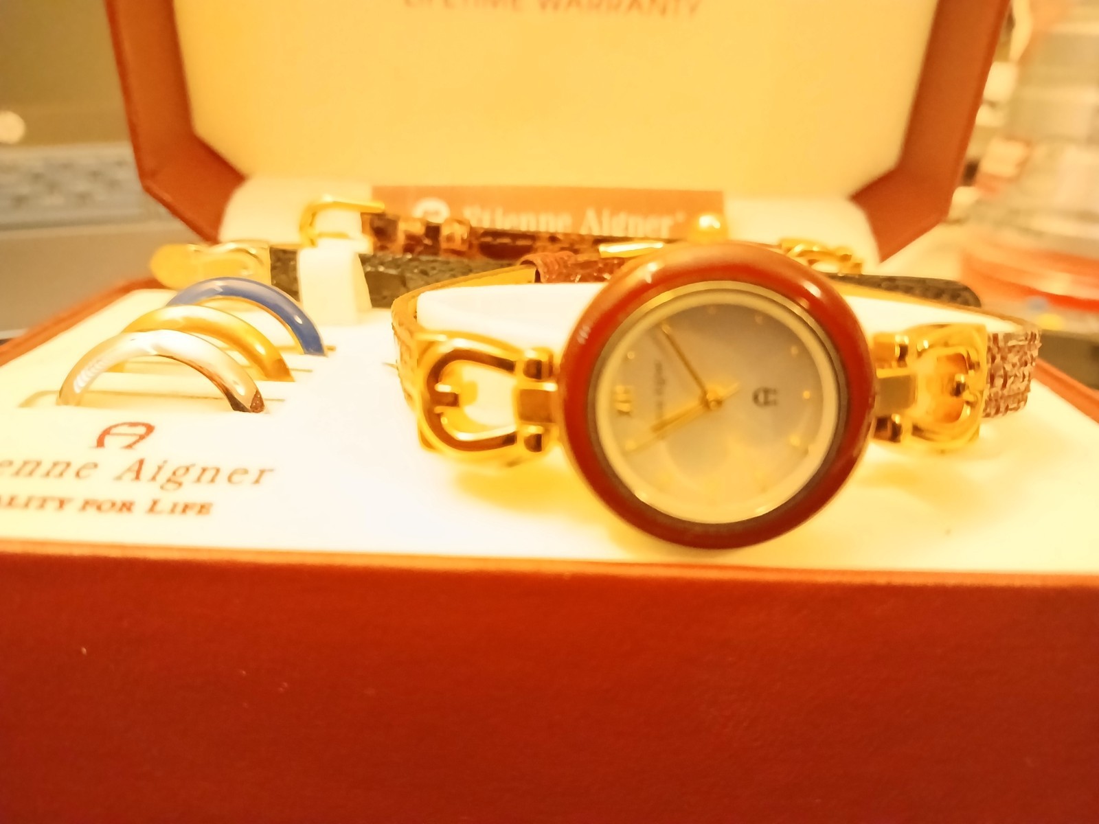 Etienne Aigner Women’s Dress Quartz Analog Watch Gold Brown Leather 24-27mm Box