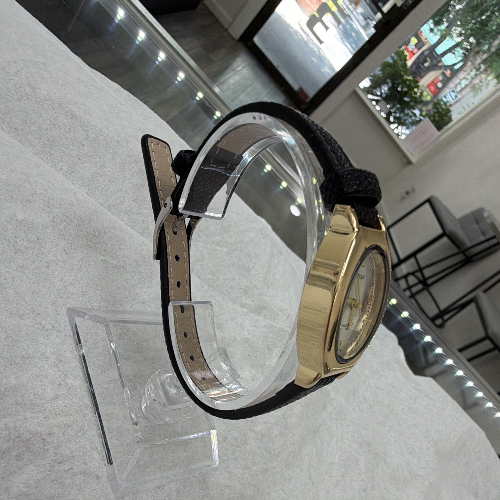 BARSH Women’s Quartz Analog Oval Dress Watch Gold Tone Silver Dial Black Leather