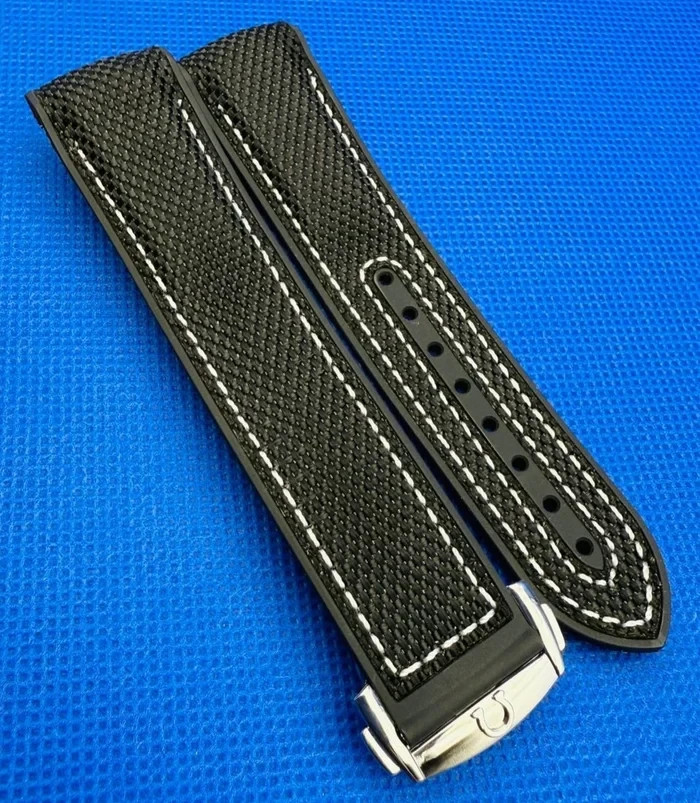 22mm Omega Seamaster Planet Ocean Black Rubber Strap Band White Stitch