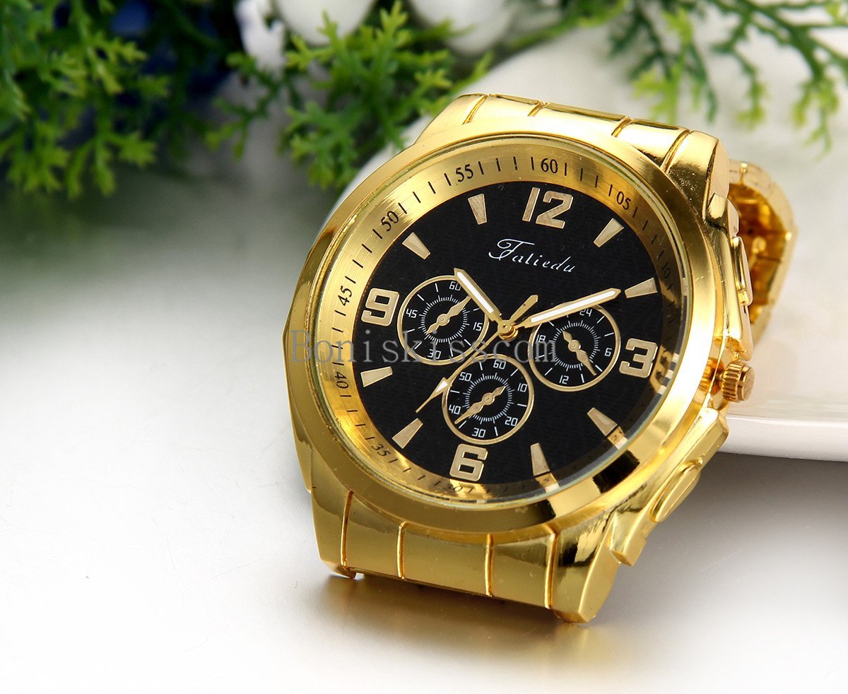 Fashion Business Mens Luxury Gold Tone Quartz Stainless Steel Wrist Watch New