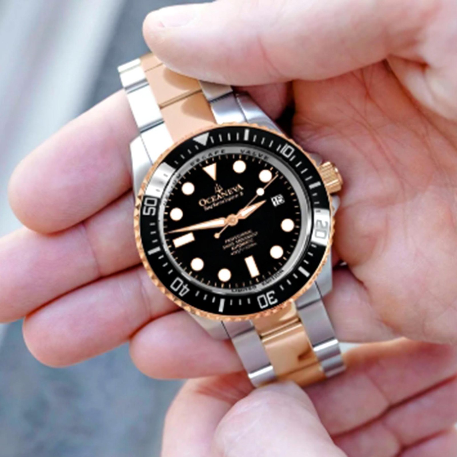 Oceaneva™ Men’s Deep Marine Explorer III 3000M Rose Gold Watch Black Automatic