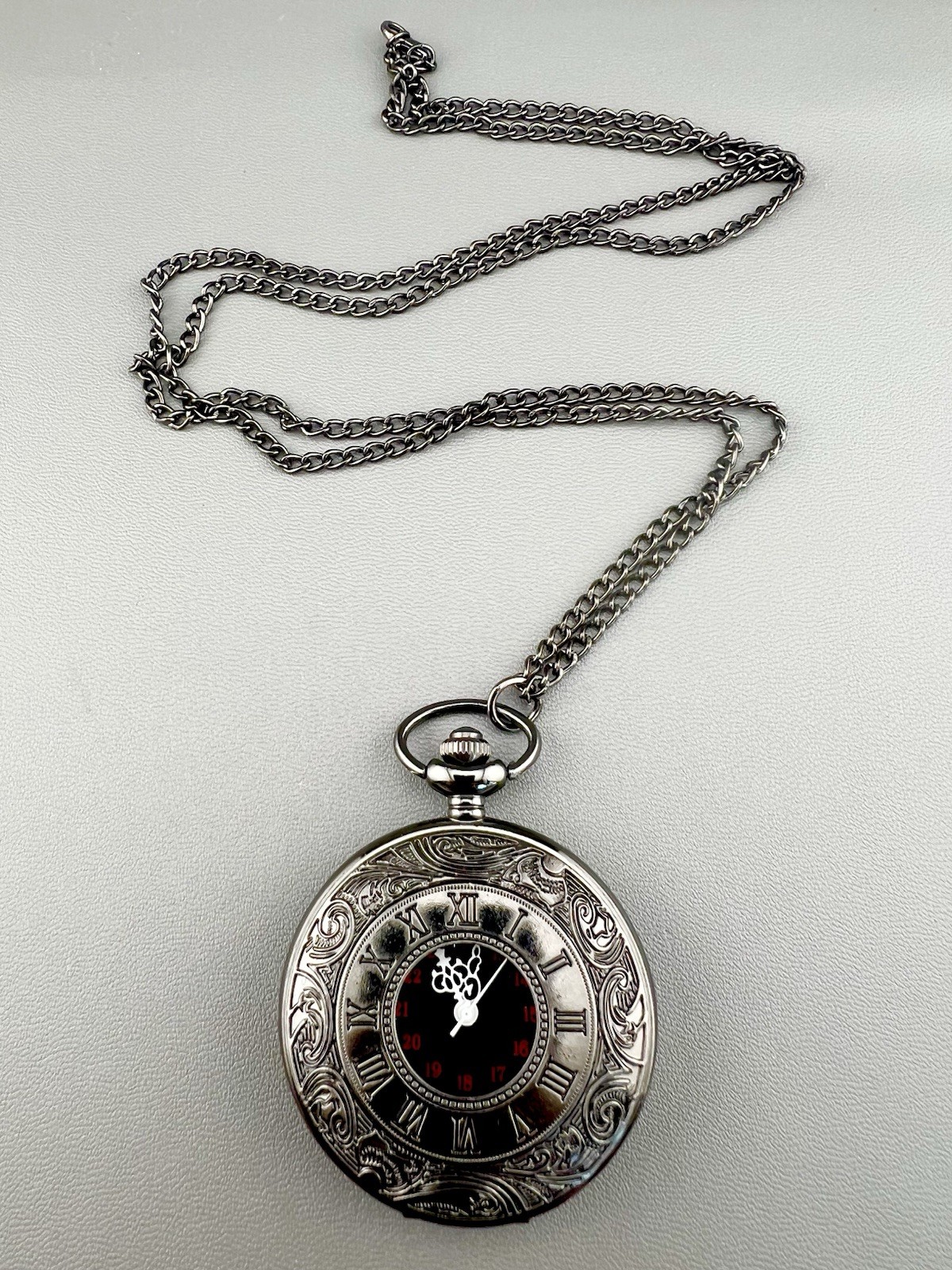 Vintage Pocket Watch Necklace Steampunk Gunmetal 31”