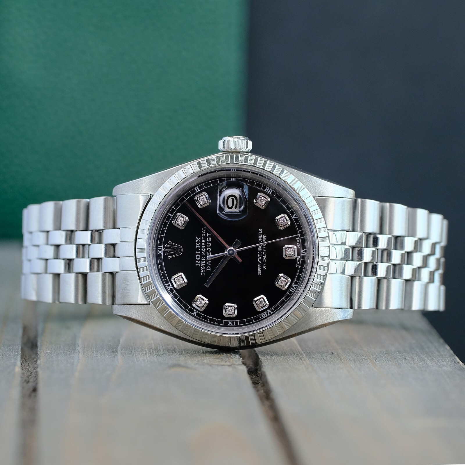 ROLEX MENS DATEJUST STAINLESS STEEL BLACK DIAMOND DIAL ENGINE TURNED 36MM WATCH