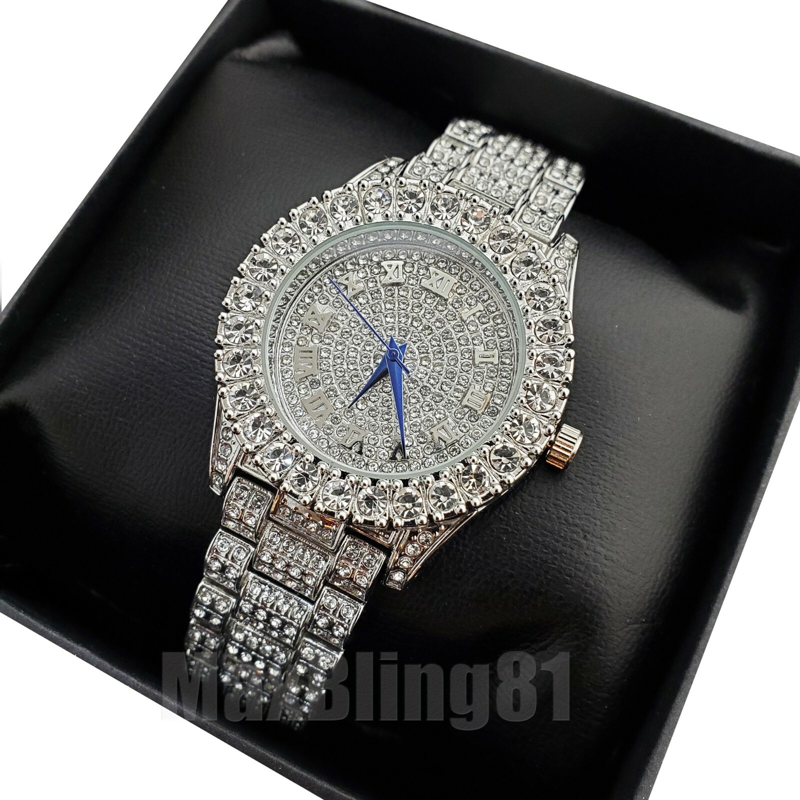Women’s Hip Hop Iced Silver Plated Bling Lab Diamond Metal Band Fashion Watch