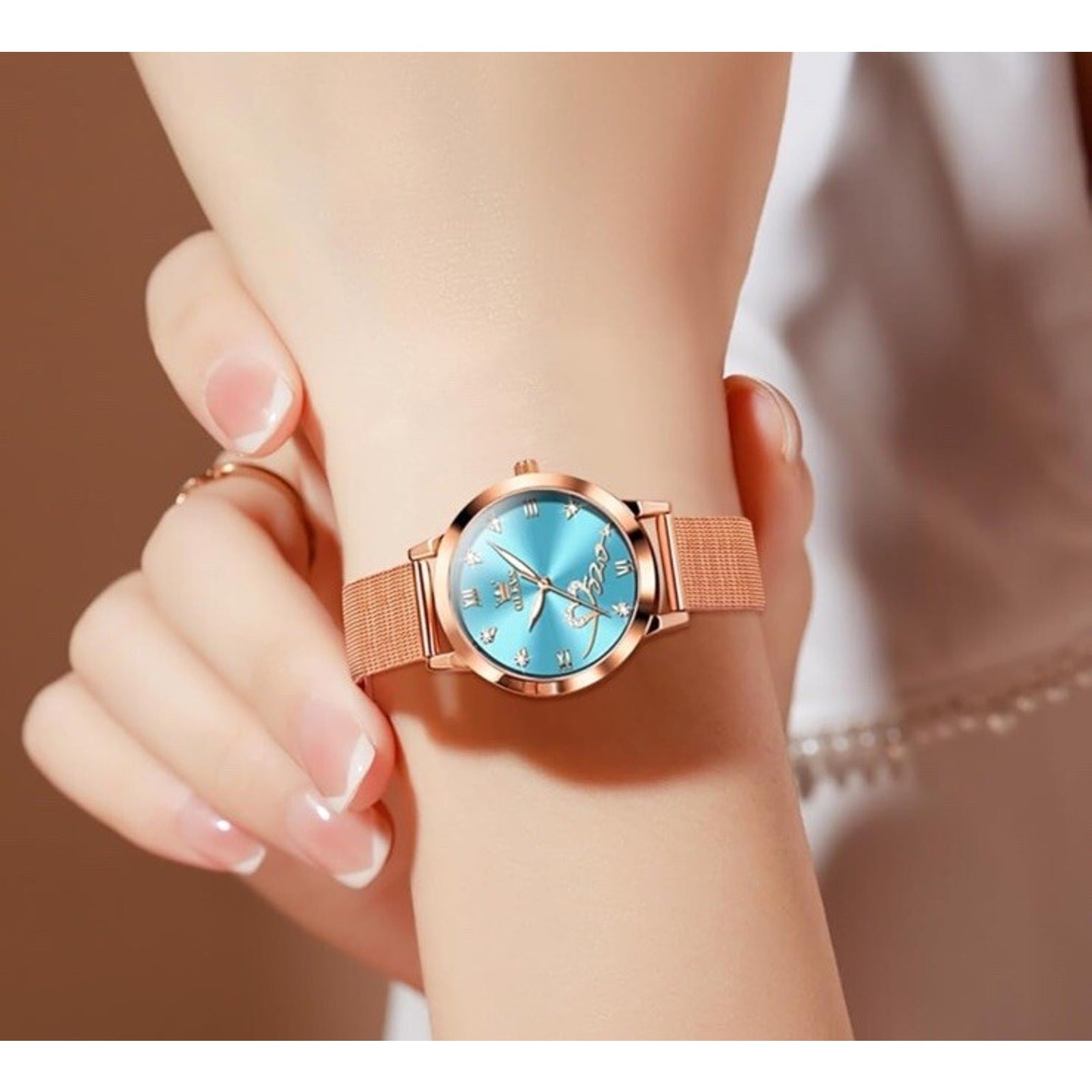 Rose Gold Watch for Women Mesh Strap Fashion Dress Hearts Japanese Quartz Blue