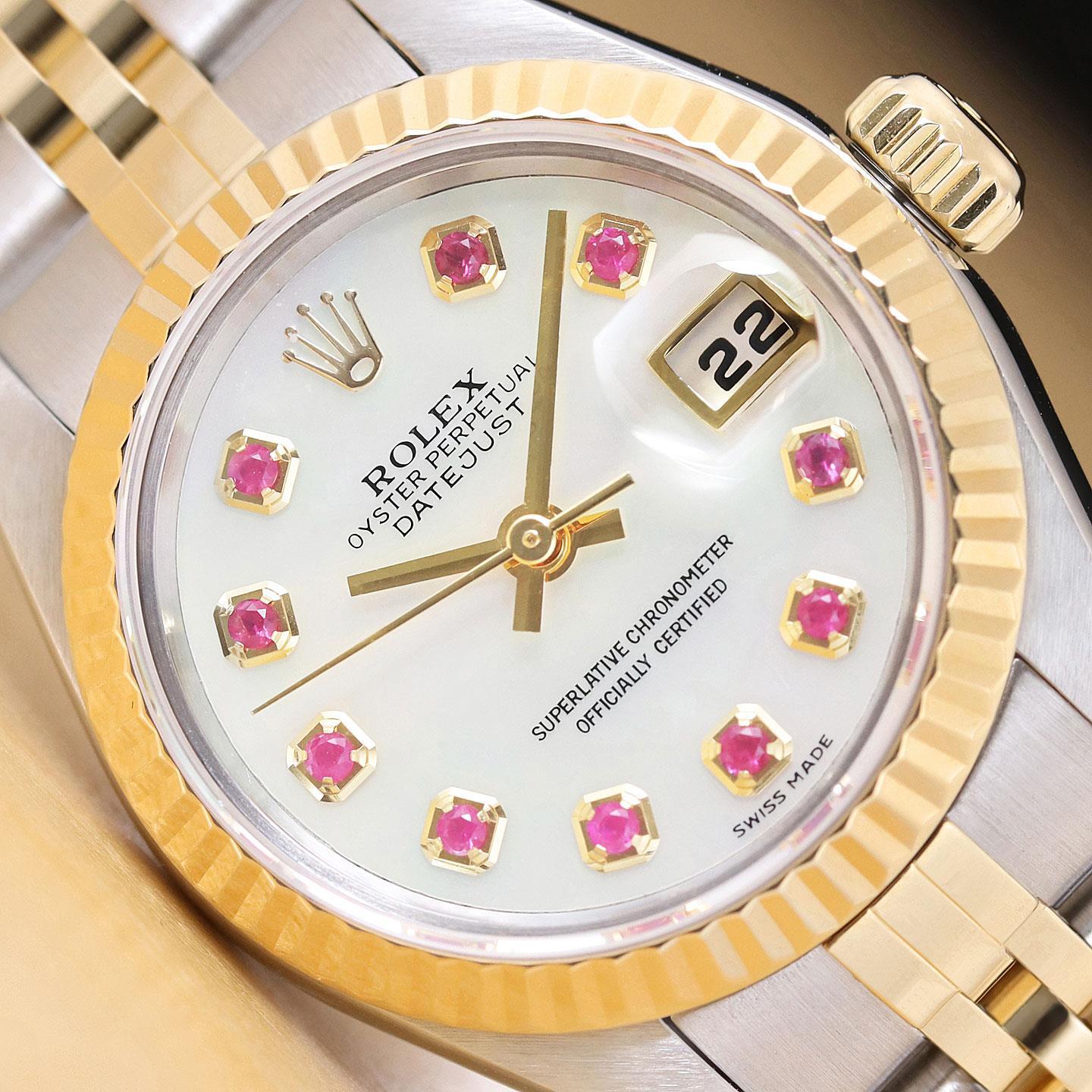 ROLEX LADIES DATEJUST 79173 MOTHER OF PEARL RUBY DIAL 18K GOLD SS TWO TONE WATCH