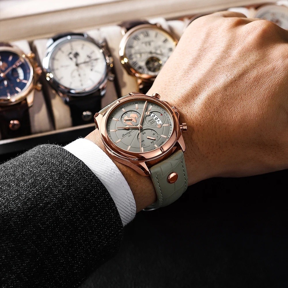 Men Quartz Watch Fashion Chronograph Leather Sport Waterproof Wristwatch Luxury