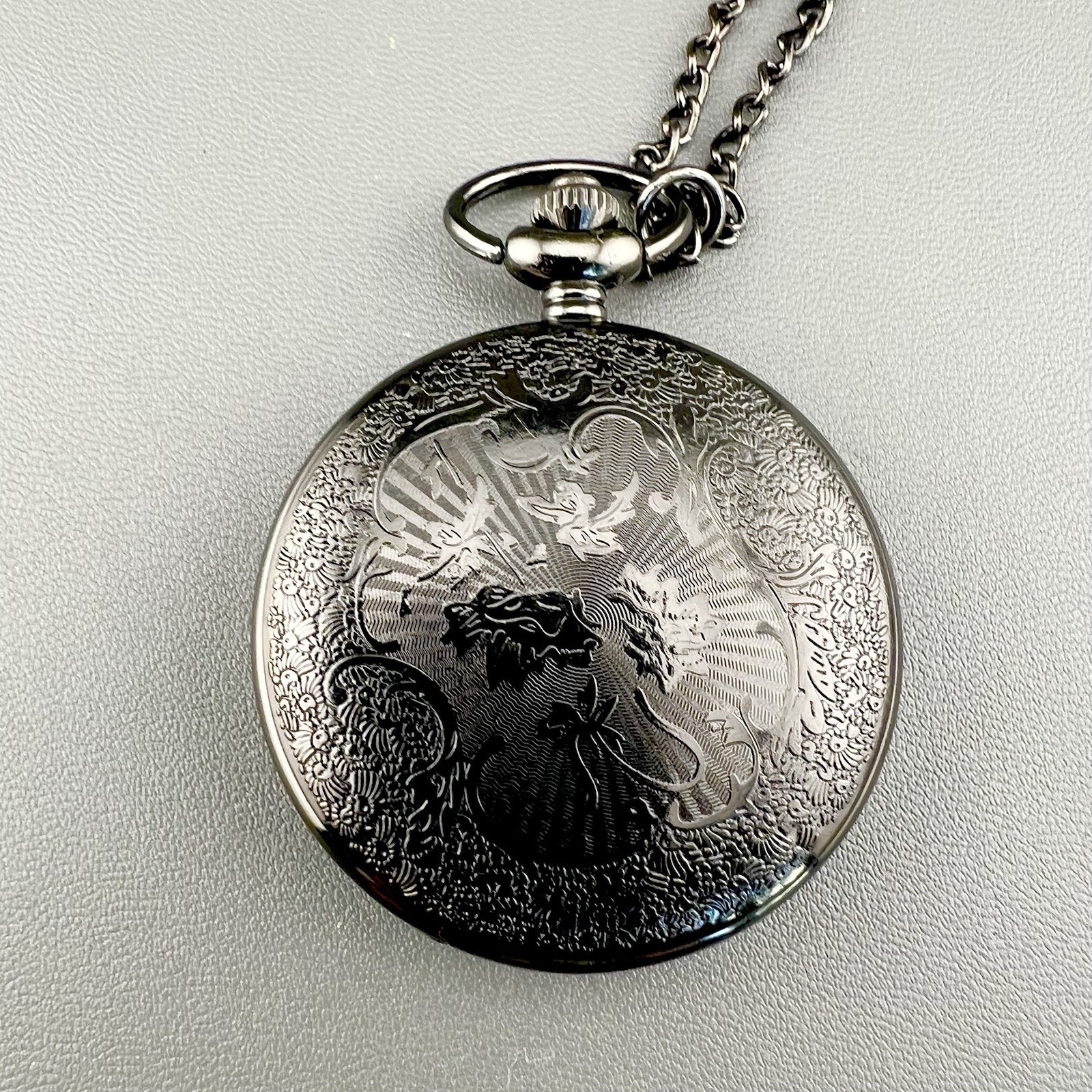 Vintage Pocket Watch Necklace Steampunk Gunmetal 31”